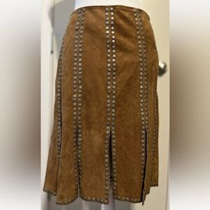 Lamarque Brown Silver Studded Car Wash Suede Leather Skirt 2 S